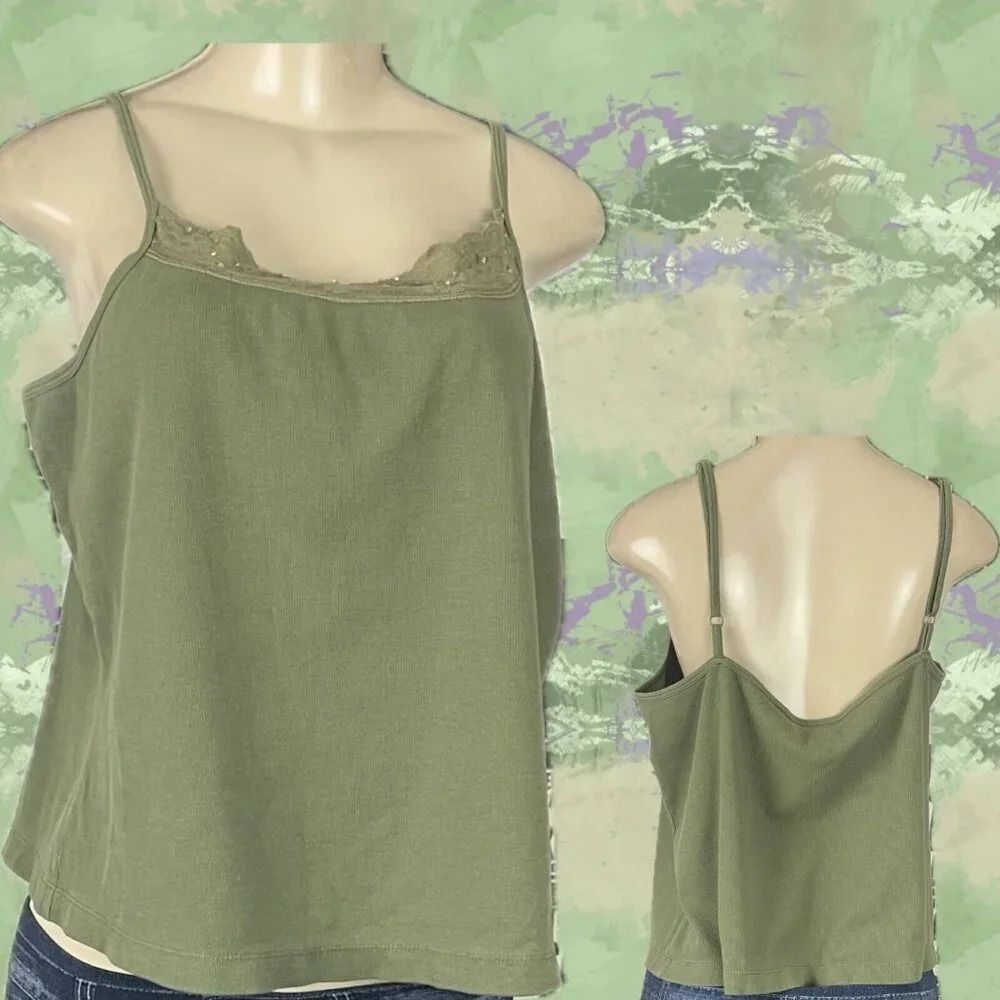 Venezia+ 18/20 Army Green Ribbed Lace-Beaded Trim Adjustable Straps Camisole Top